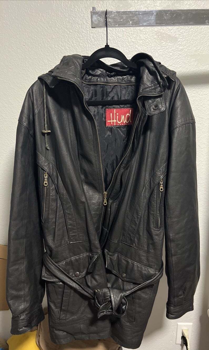 Hind 100% Authentic Leather Long Jacket Vintage XL Removable Hood Lined 90’s